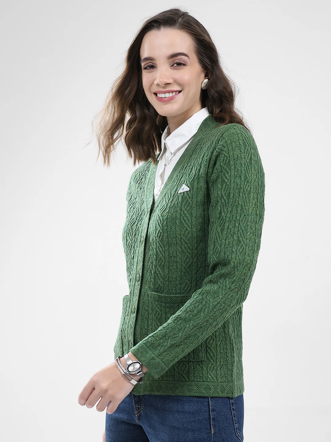 Women Green Self Design V Neck Full Sleeve Cardigan - Image 3