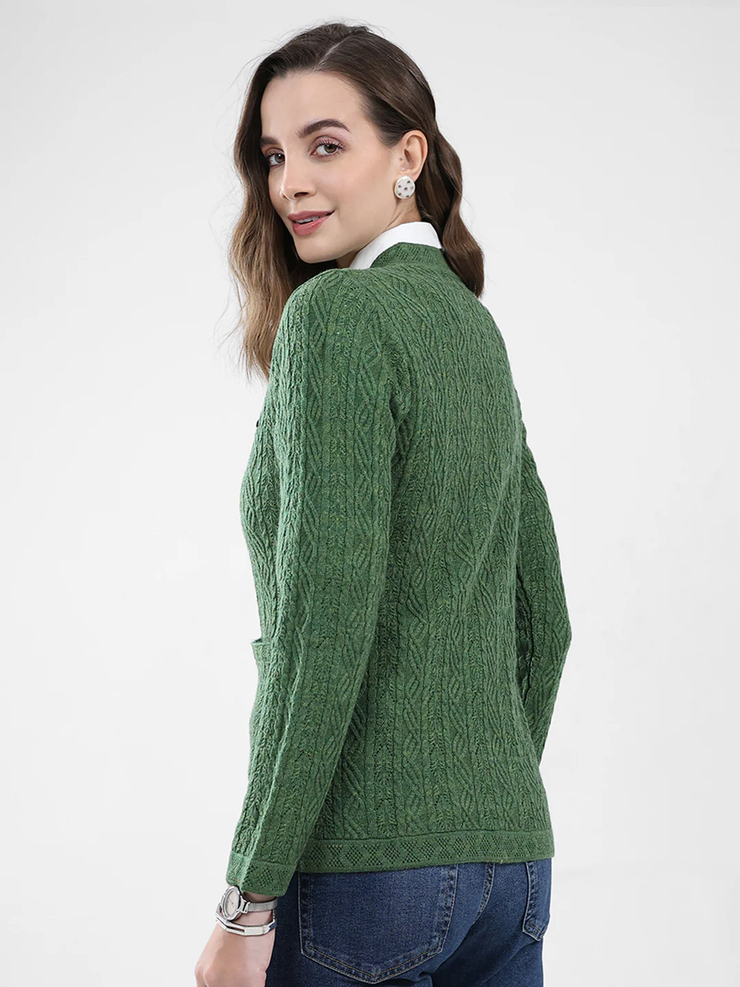 Women Green Self Design V Neck Full Sleeve Cardigan - Image 5