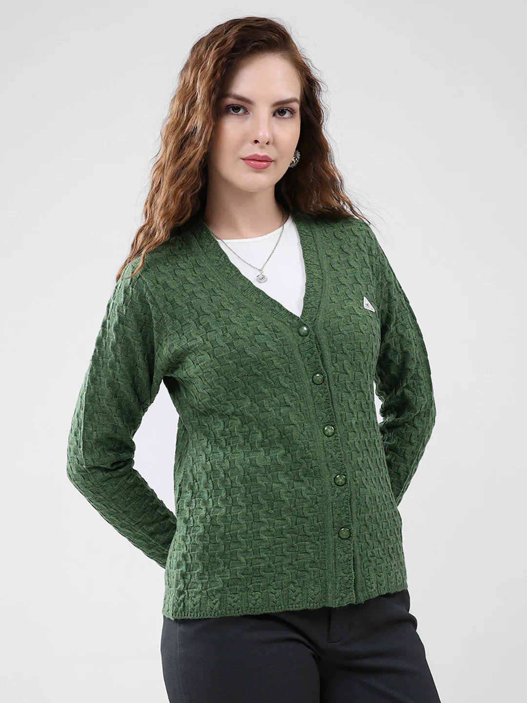 Women Green Self Design V Neck Full Sleeve Cardigan - Image 4