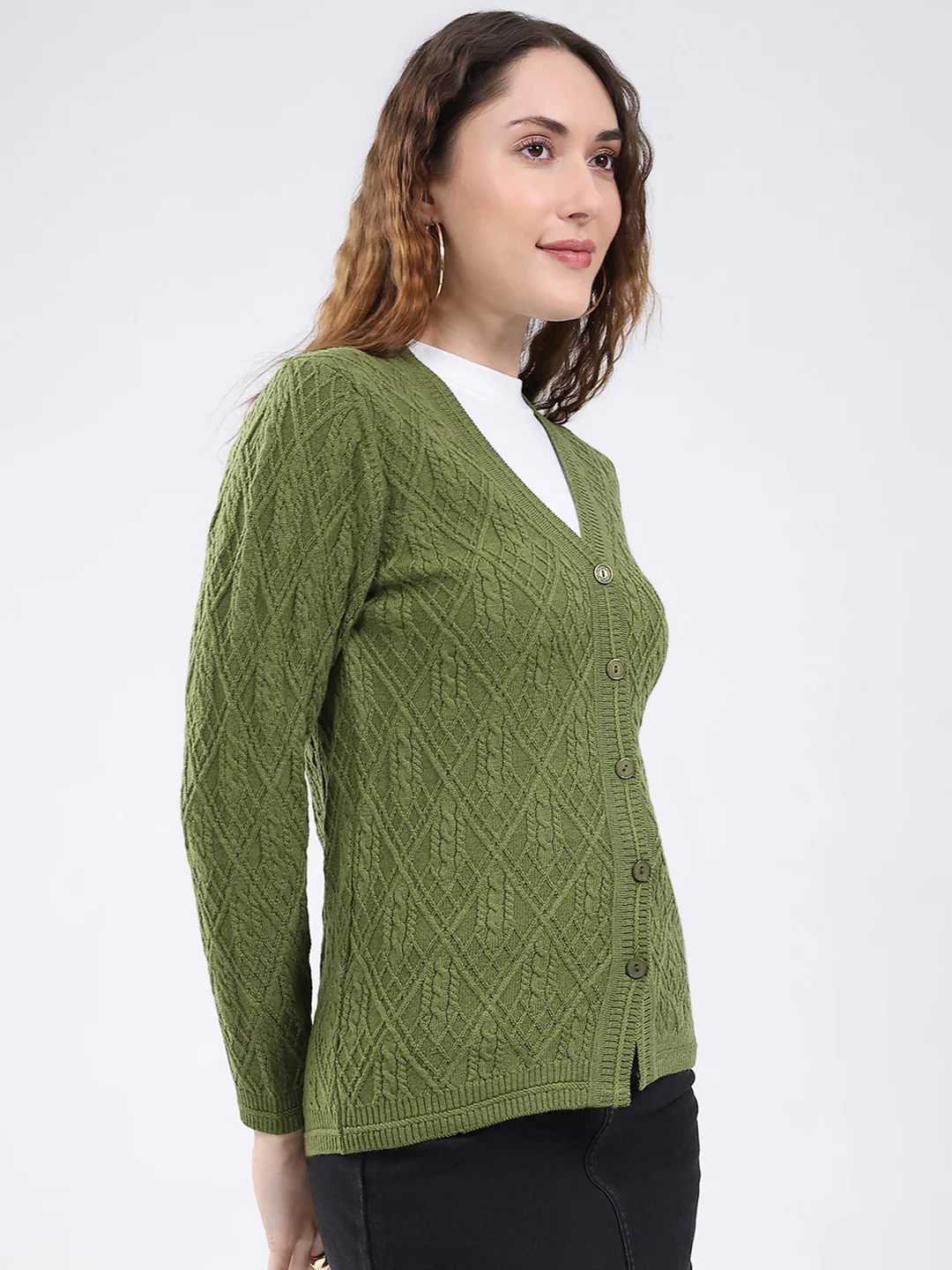 Women Green Self Design V Neck Full Sleeve Cardigan - Image 4