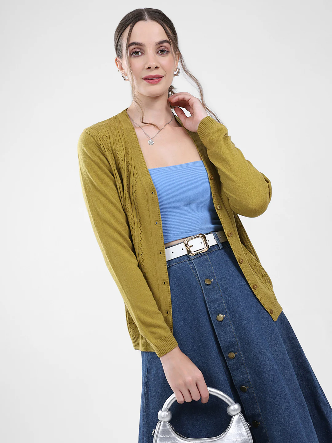 Women Green Self Design V Neck Full Sleeve Cardigan - Image 6