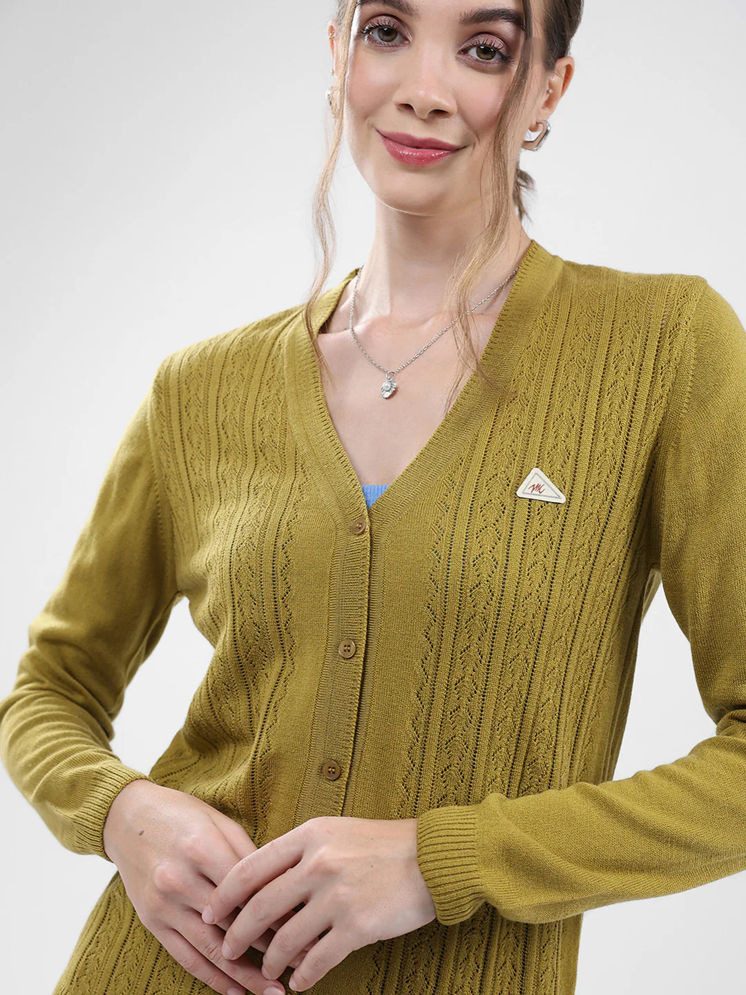 Women Green Self Design V Neck Full Sleeve Cardigan - Image 7