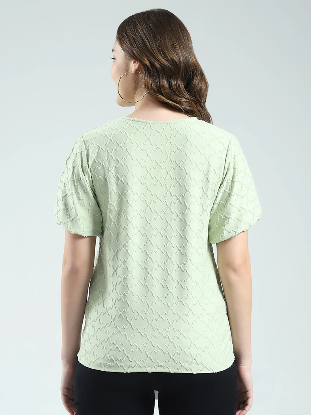 Women Green Self Design Round Neck Half Sleeve Top - Image 5
