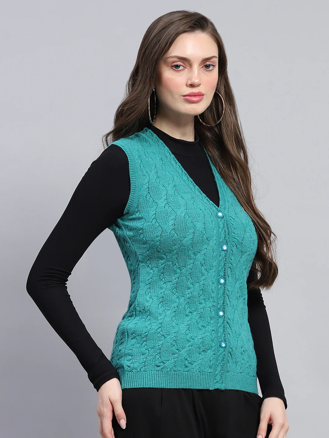 Women Green Self Design V Neck Sleeveless Cardigan - Image 4