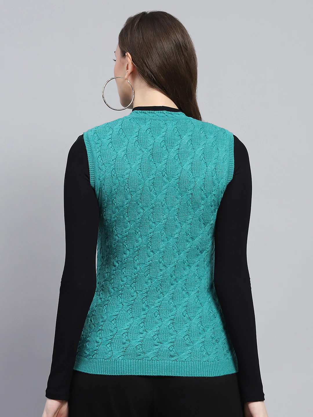 Women Green Self Design V Neck Sleeveless Cardigan - Image 5