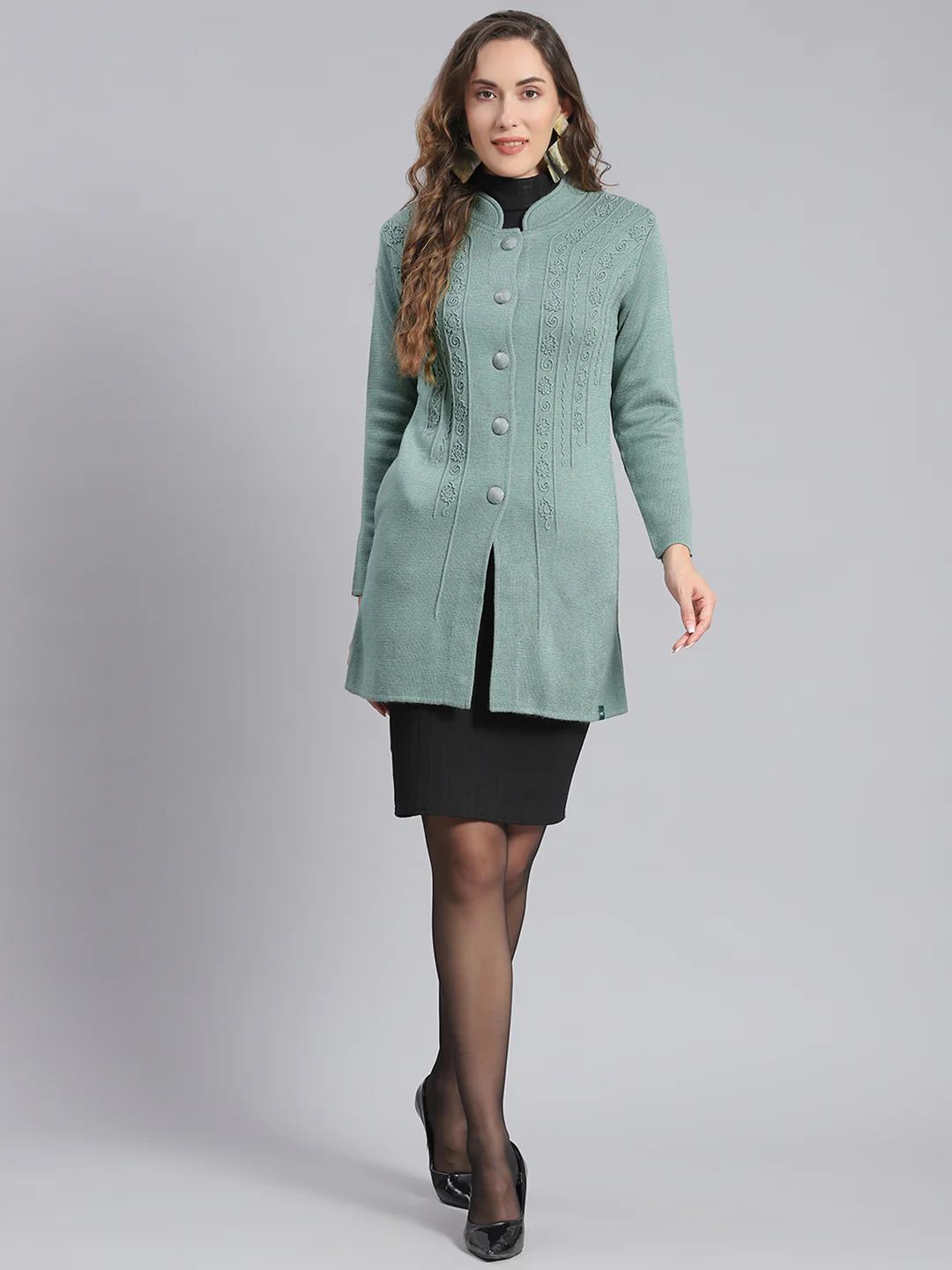 Women Green Self Design Mandarin Collar Full Sleeve Coats - Image 3