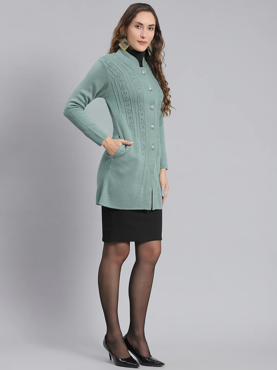 Women Green Self Design Mandarin Collar Full Sleeve Coats - Image 5