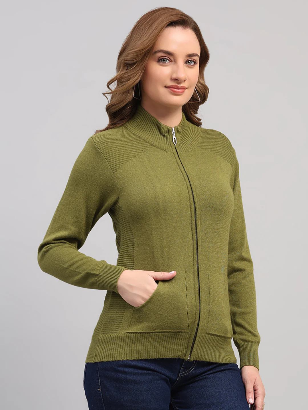 Women Green Solid Collar Full Sleeve Cardigan - Image 4