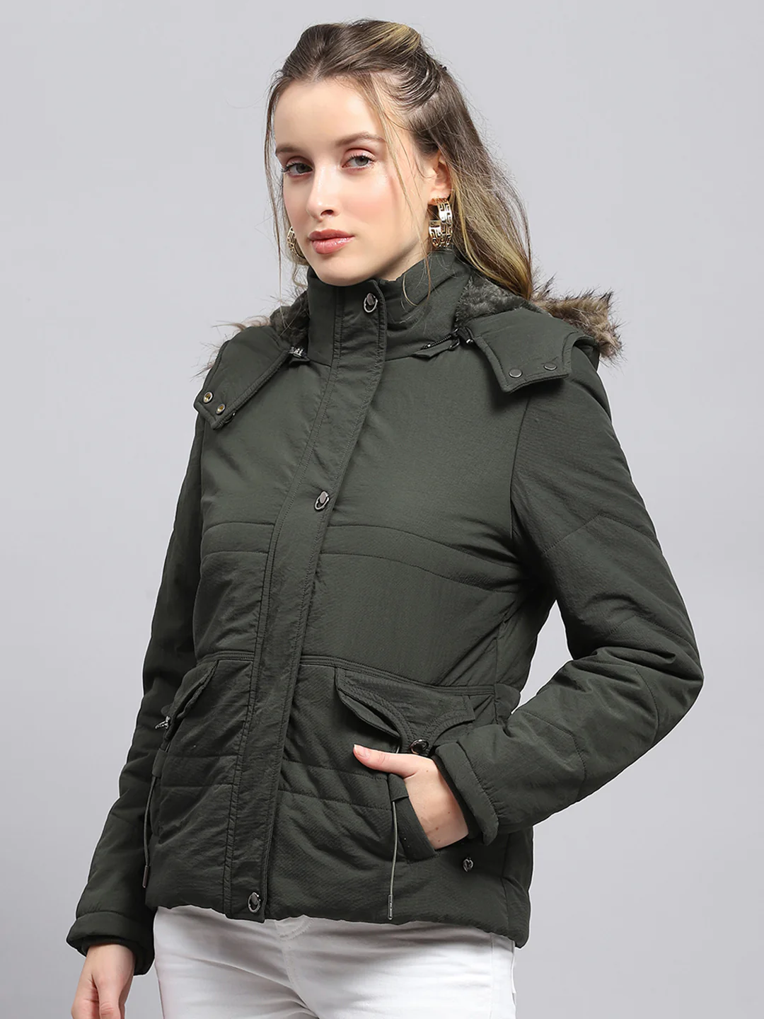 Women Green Solid Detachable Hood Full Sleeve Jacket - Image 3