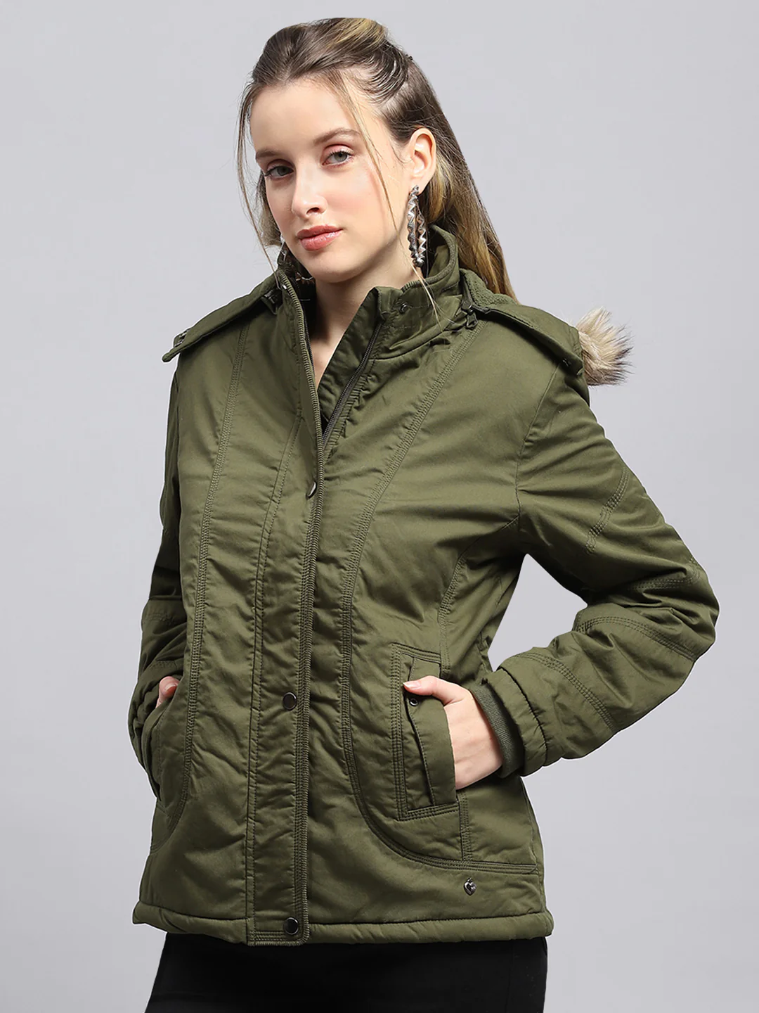 Women Green Solid Detachable Hood Full Sleeve Jacket - Image 3