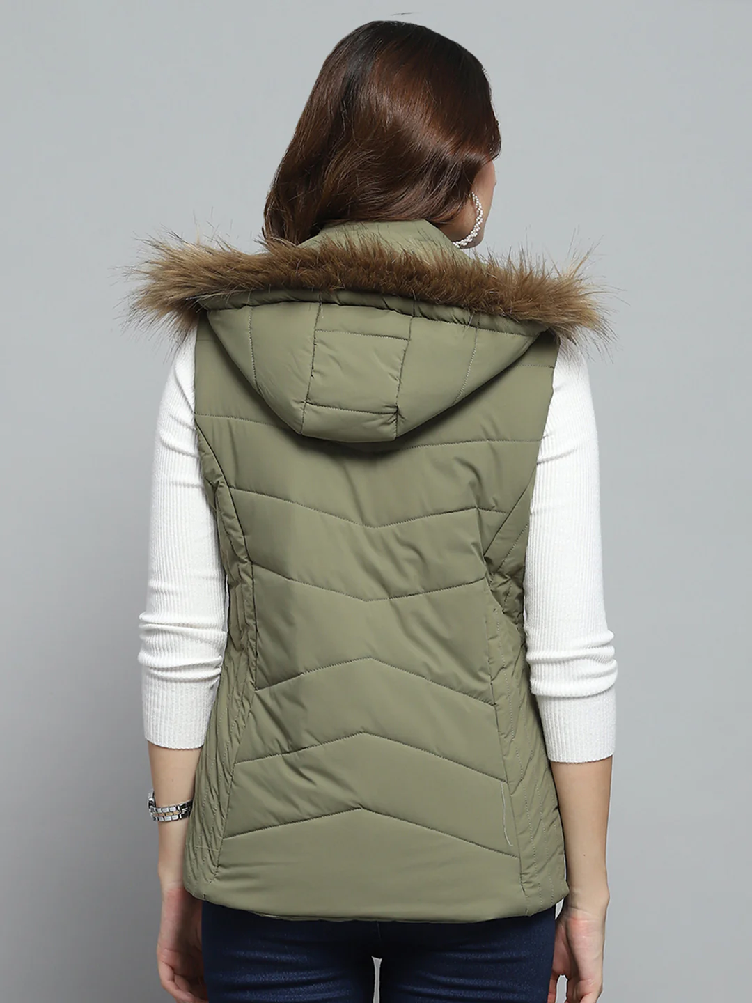 Women Green Solid Detachable Hood Sleeveless Jacket - Image 5