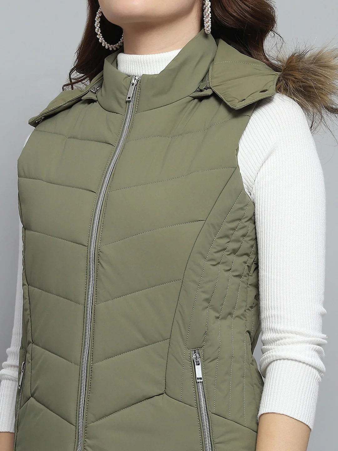 Women Green Solid Detachable Hood Sleeveless Jacket - Image 7