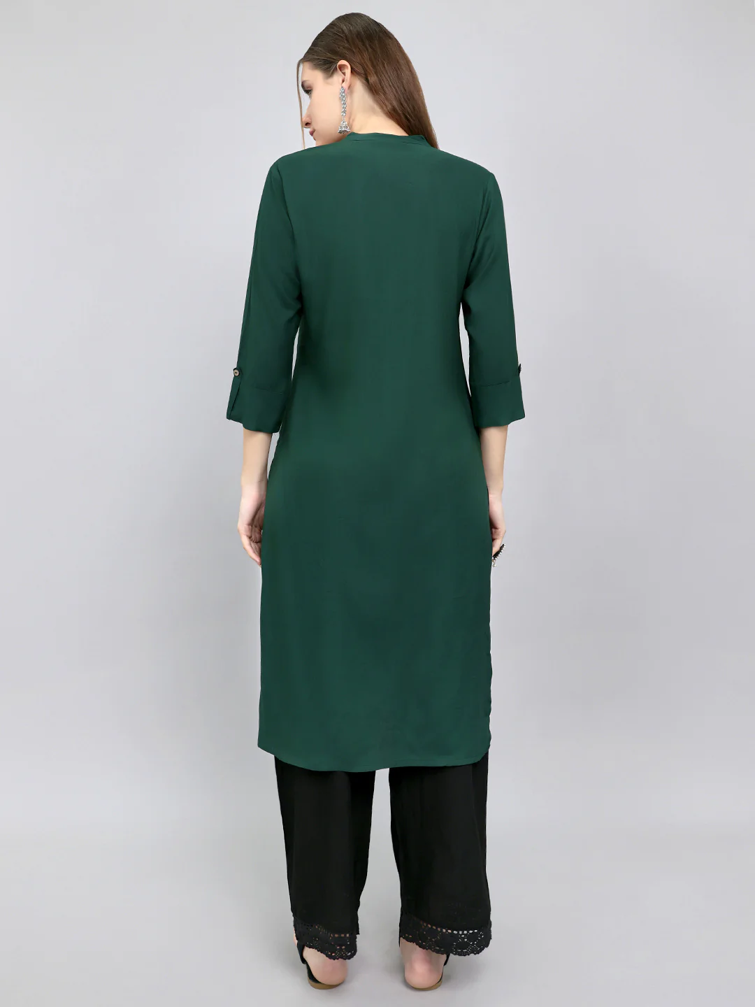 Women Green Solid Henley Neck 3/4th Sleeve Kurti - Image 4
