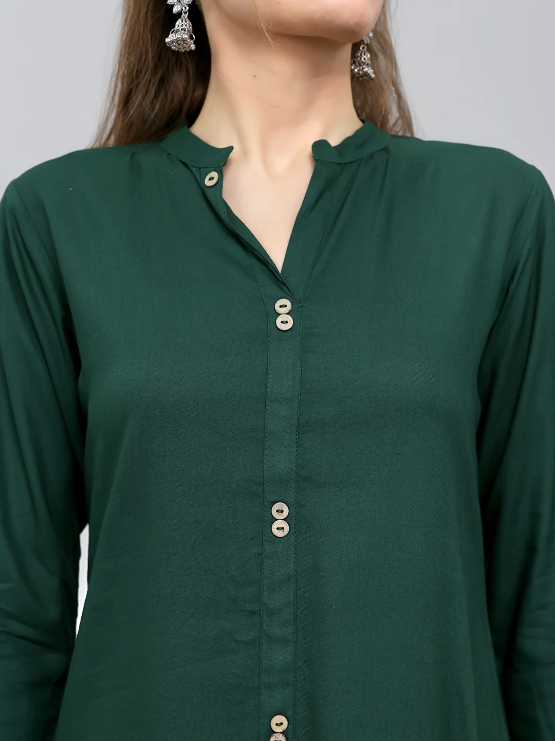 Women Green Solid Henley Neck 3/4th Sleeve Kurti - Image 5
