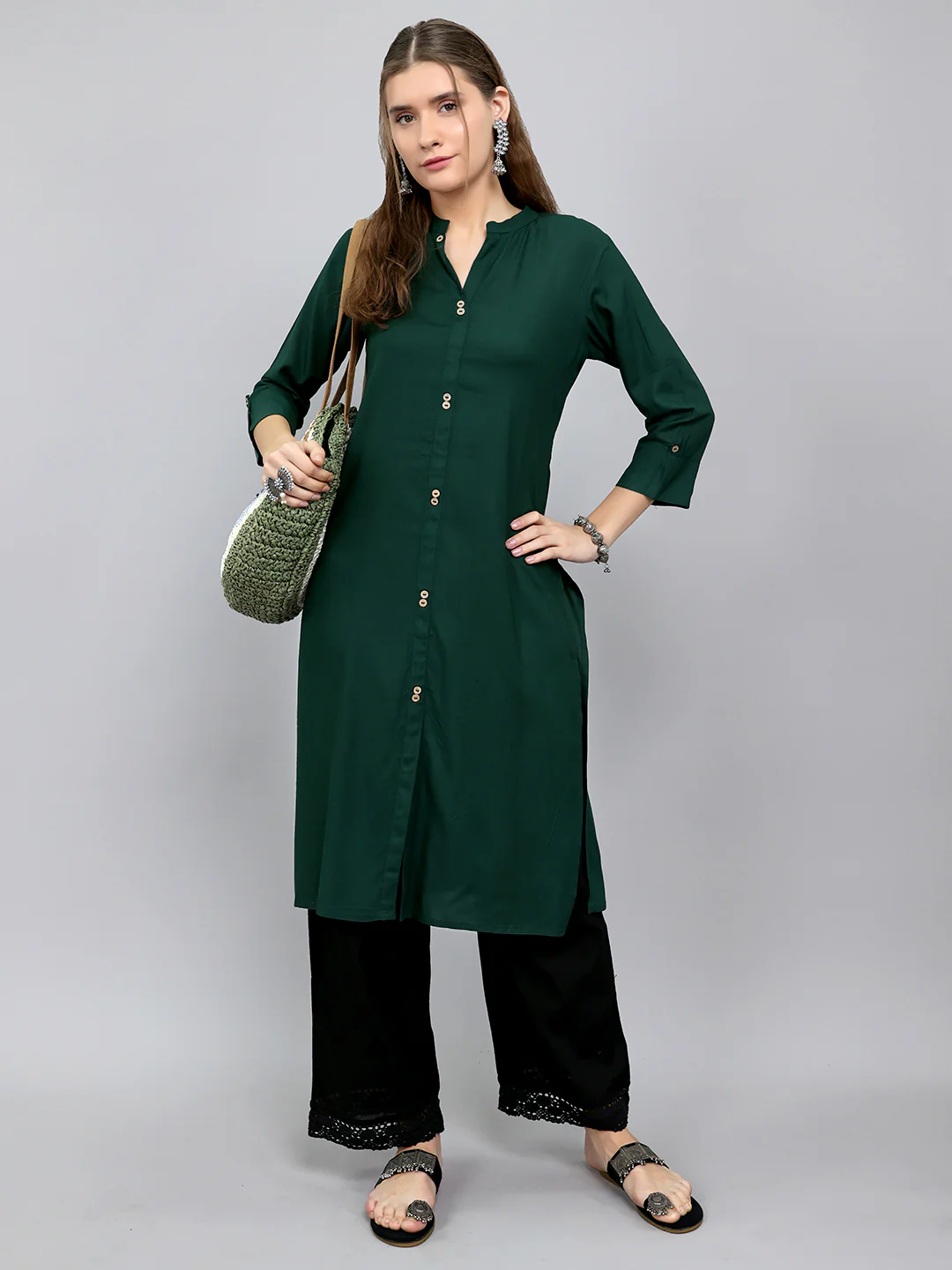 Women Green Solid Henley Neck 3/4th Sleeve Kurti - Image 6