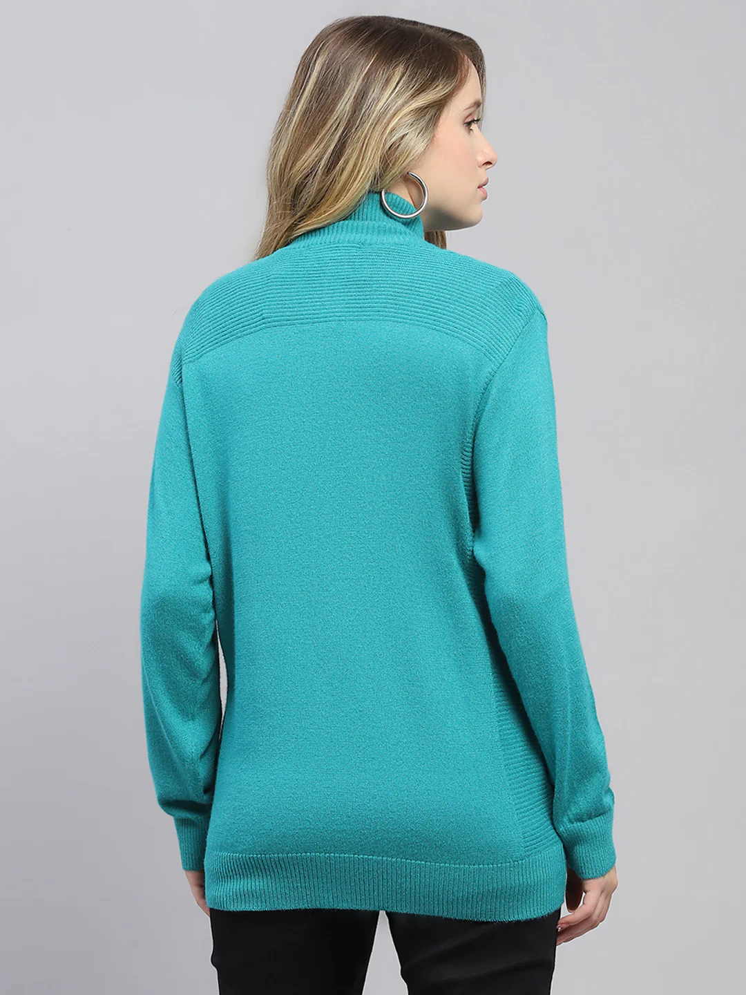 Women Green Solid High Neck Full Sleeve Cardigan - Image 5