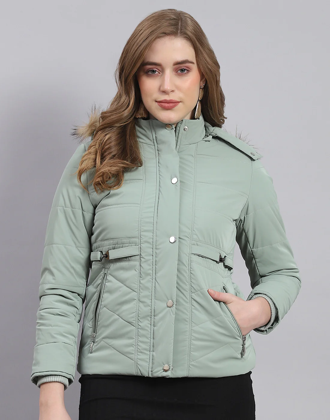 Women Green Solid Hooded Full Sleeve Jacket - Image 2