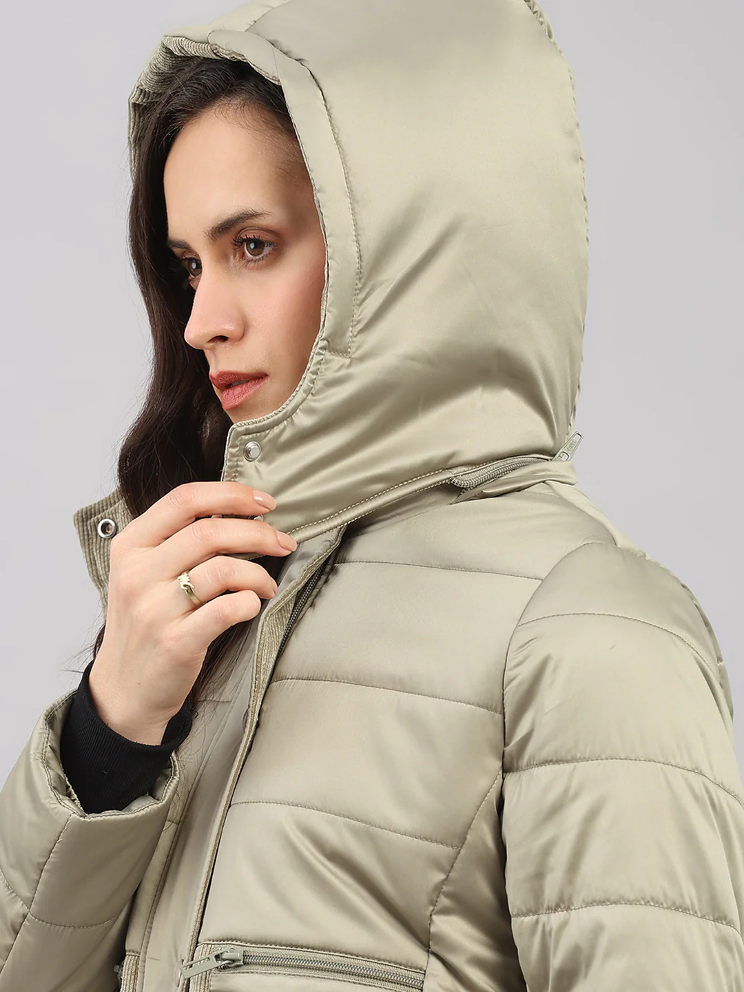 Women Green Solid Hooded Full Sleeve Jacket - Image 7