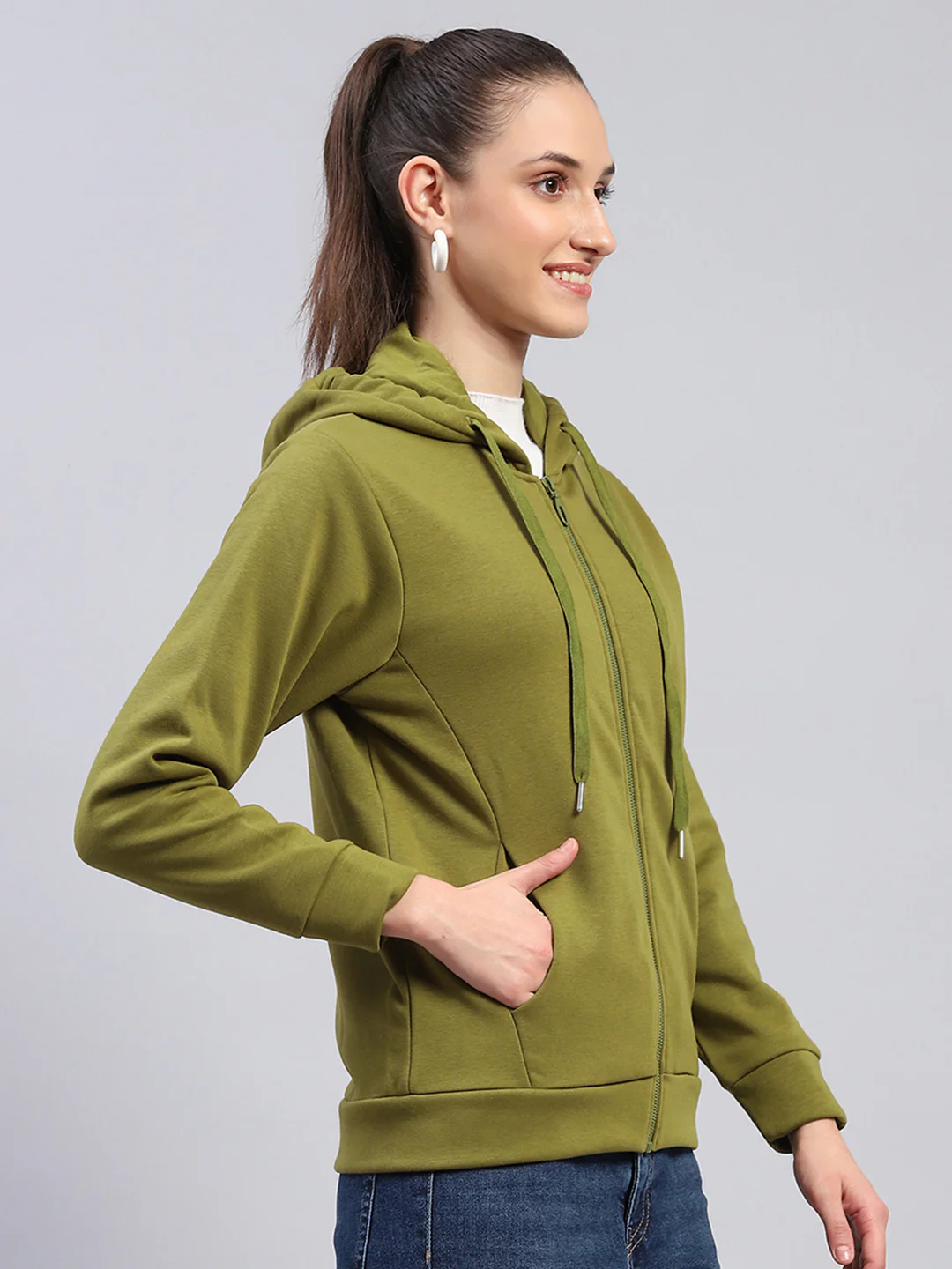 Women Green Solid Hooded Full Sleeve Sweatshirt - Image 4