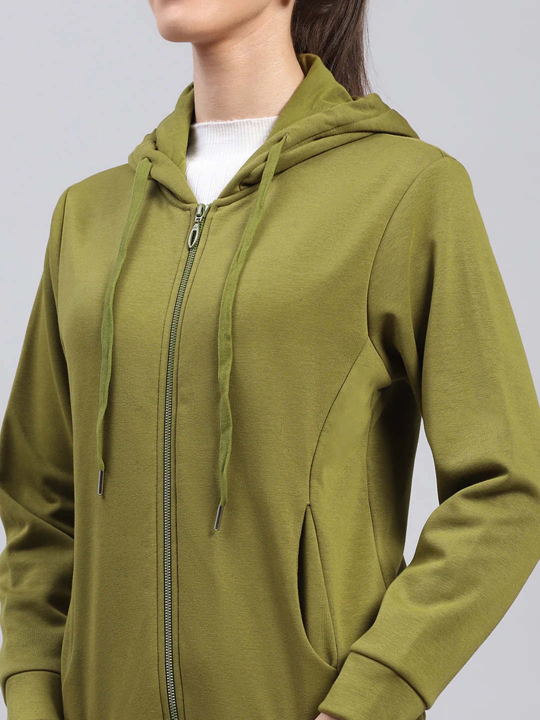 Women Green Solid Hooded Full Sleeve Sweatshirt - Image 6