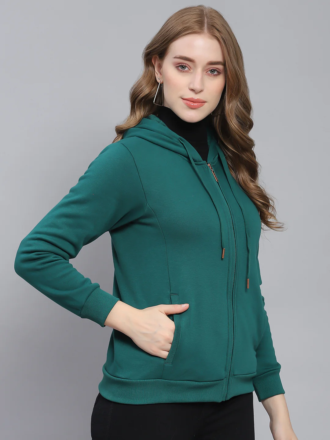Women Green Solid Hooded Full Sleeve Sweatshirts - Image 5