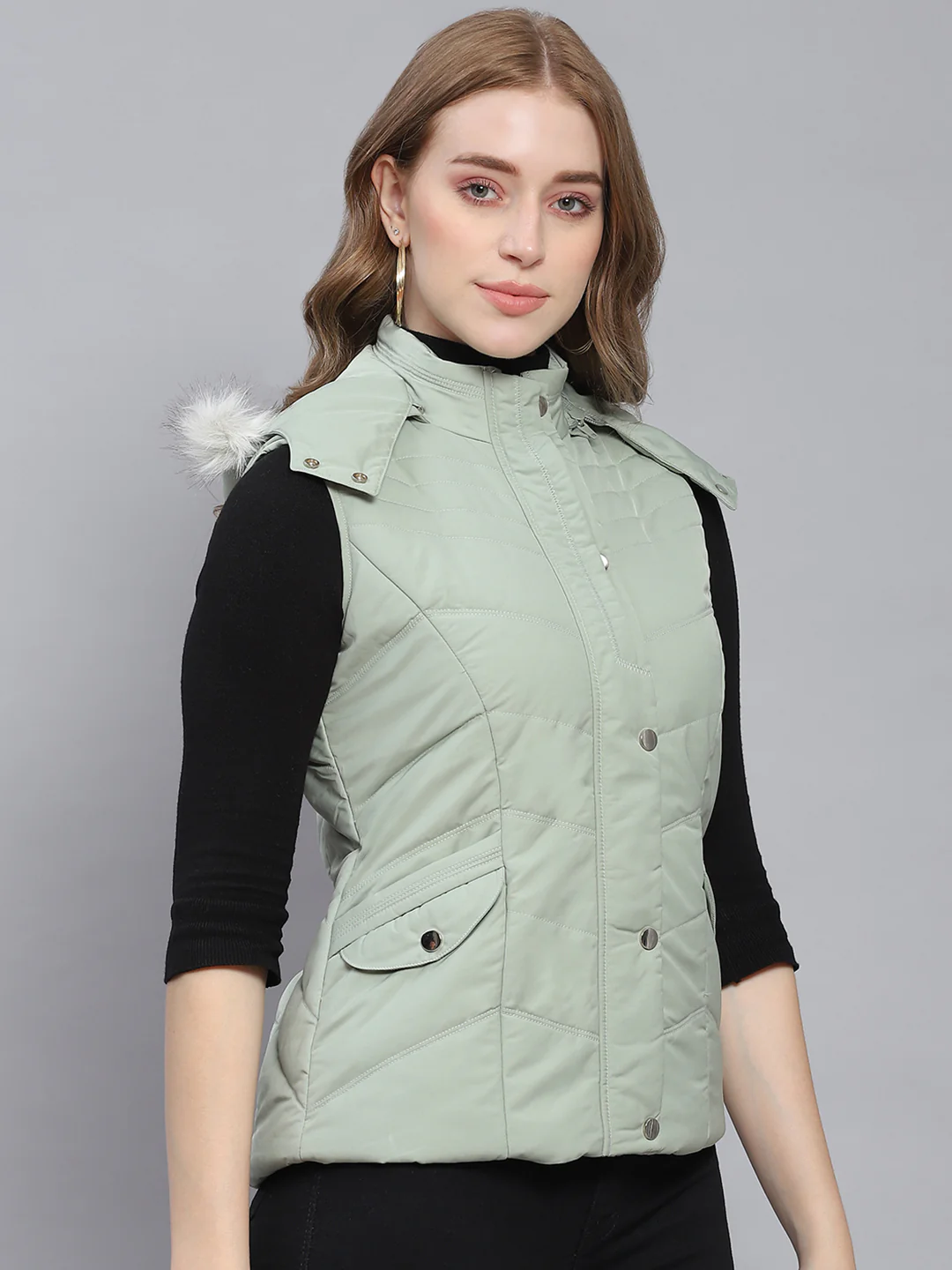 Women Green Solid Hooded Sleeveless Jackets - Image 4