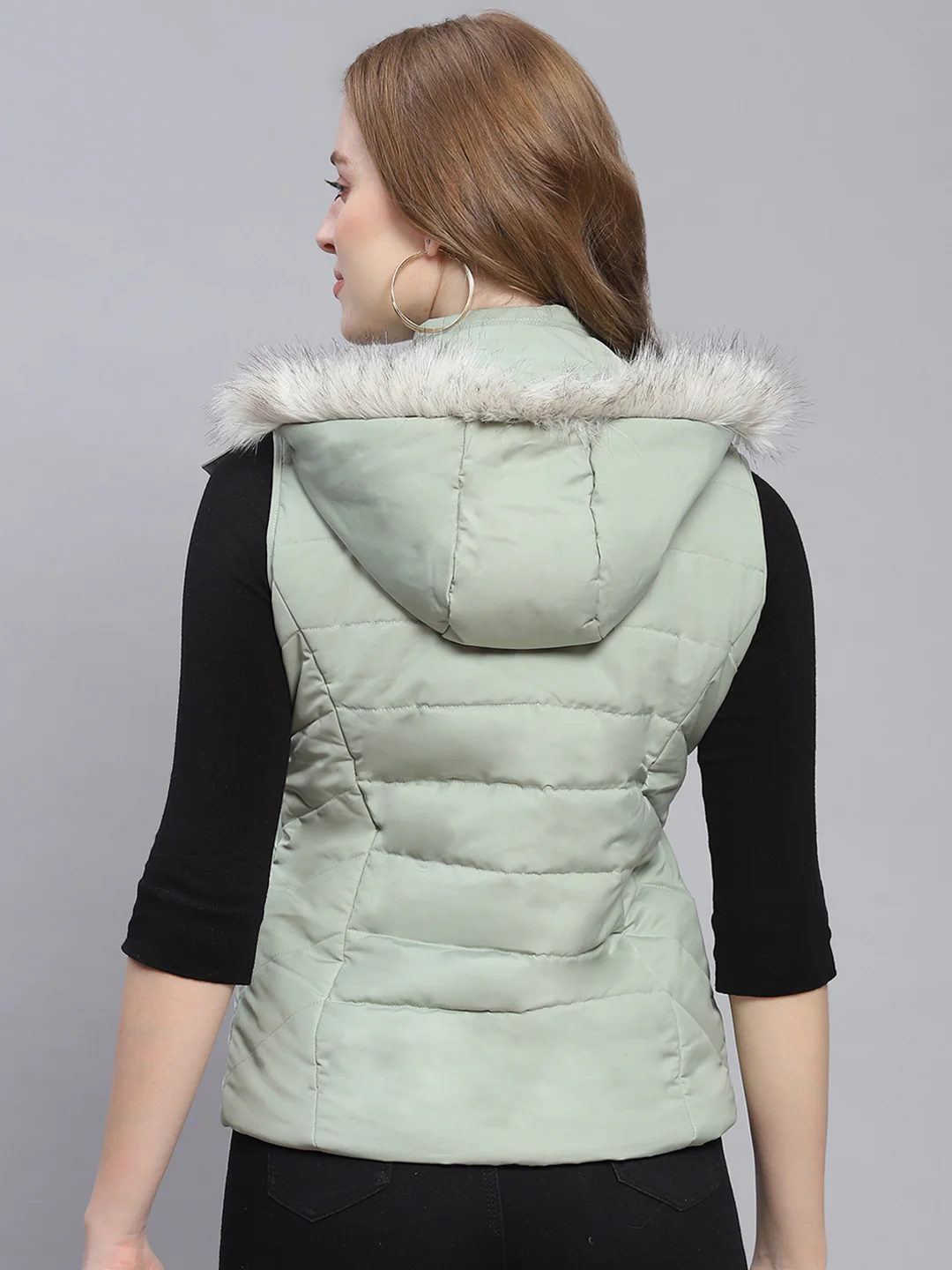 Women Green Solid Hooded Sleeveless Jackets - Image 5
