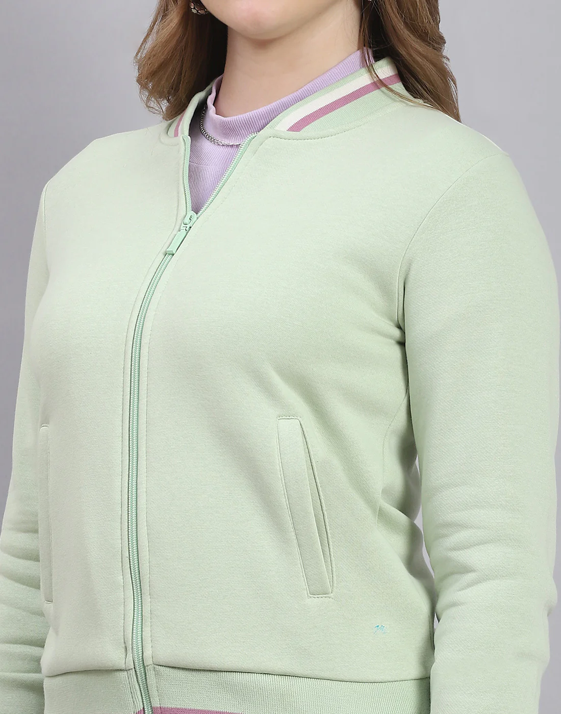 Women Green Solid Mandarin Collar Full Sleeve Sweatshirt - Image 6