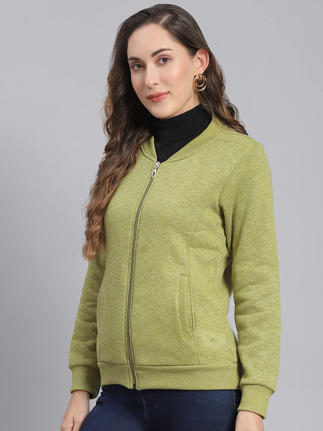 Women Green Solid Mandarin Collar Full Sleeve Sweatshirts - Image 3