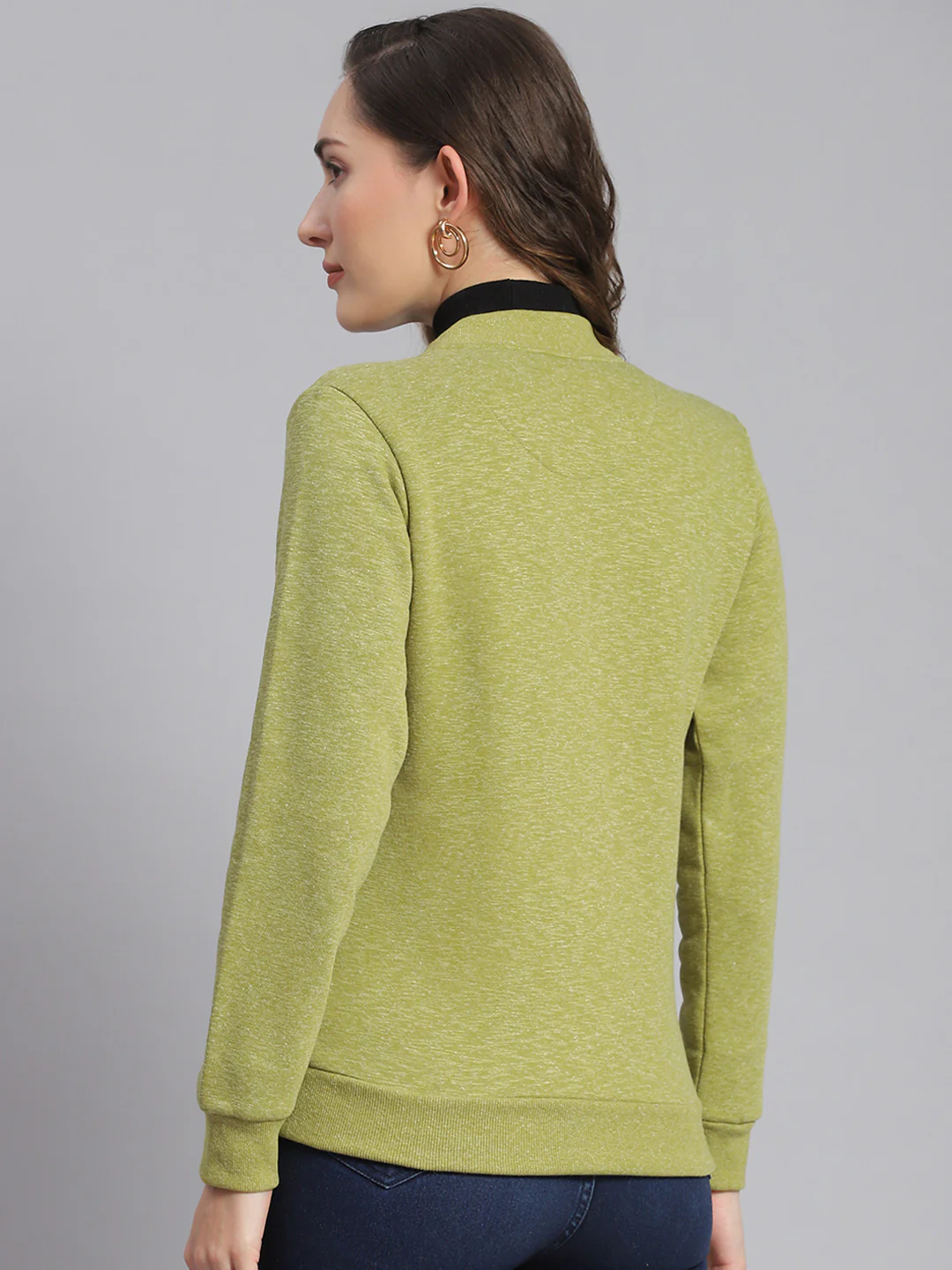 Women Green Solid Mandarin Collar Full Sleeve Sweatshirts - Image 5
