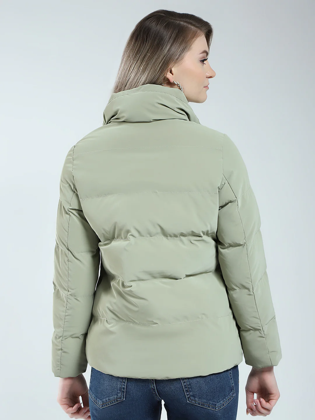 Women Green Solid Mock Neck Full Sleeve Jacket - Image 5