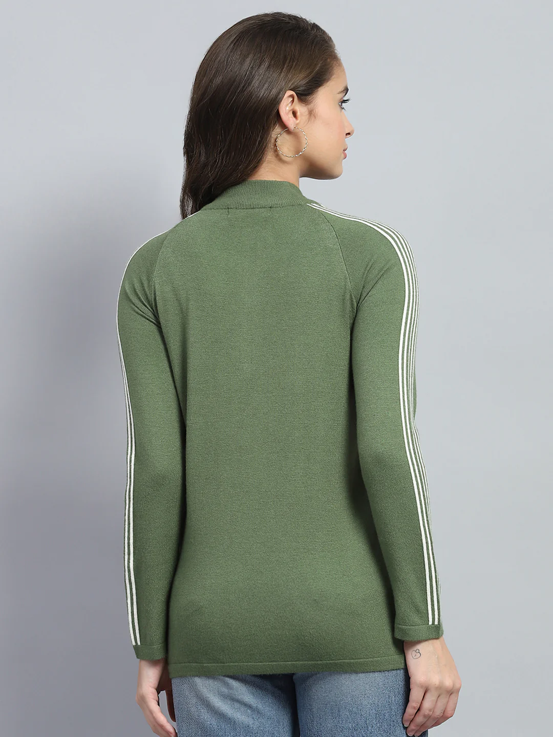 Women Green Solid Mock Neck Full Sleeve Pullover - Image 5