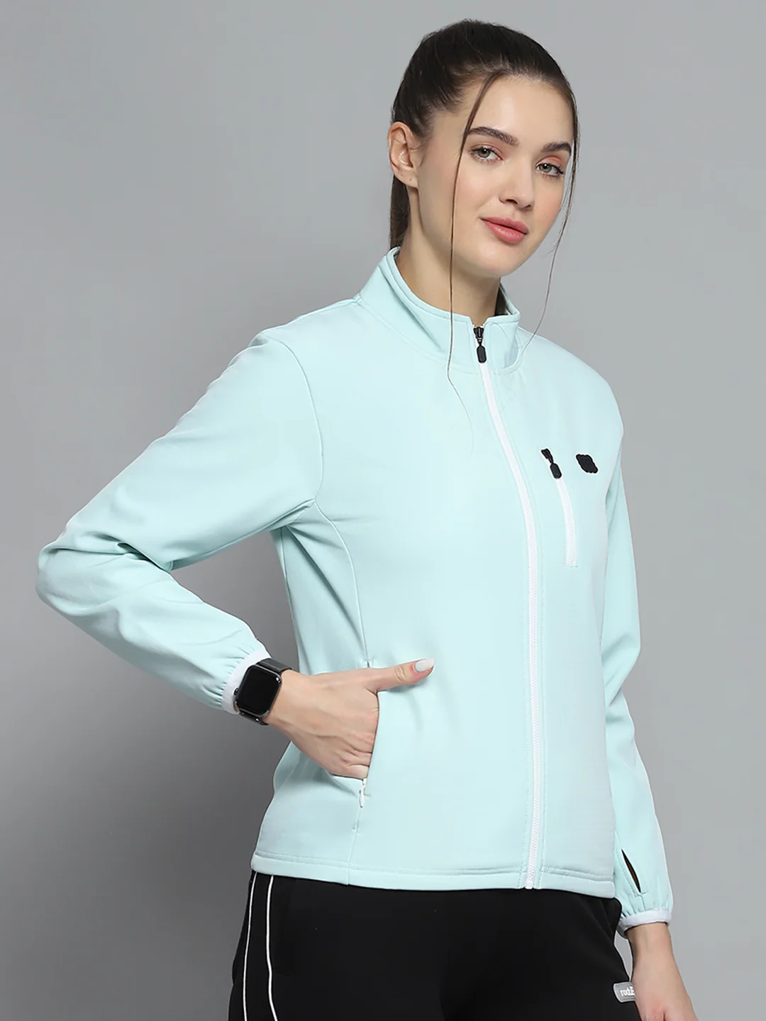 Rock.it Women Green Solid Mock Neck Full Sleeve Sweatshirt - Image 4