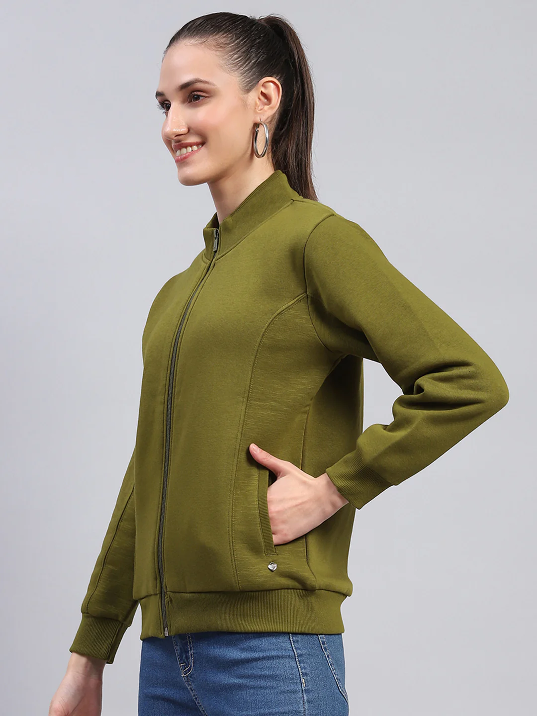 Women Green Solid Mock Neck Full Sleeve Sweatshirt - Image 3