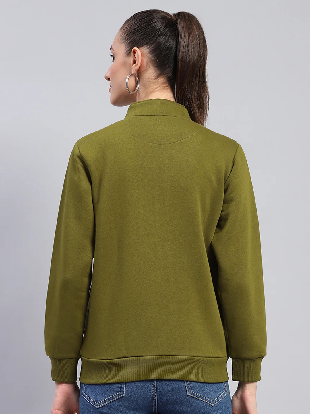 Women Green Solid Mock Neck Full Sleeve Sweatshirt - Image 5