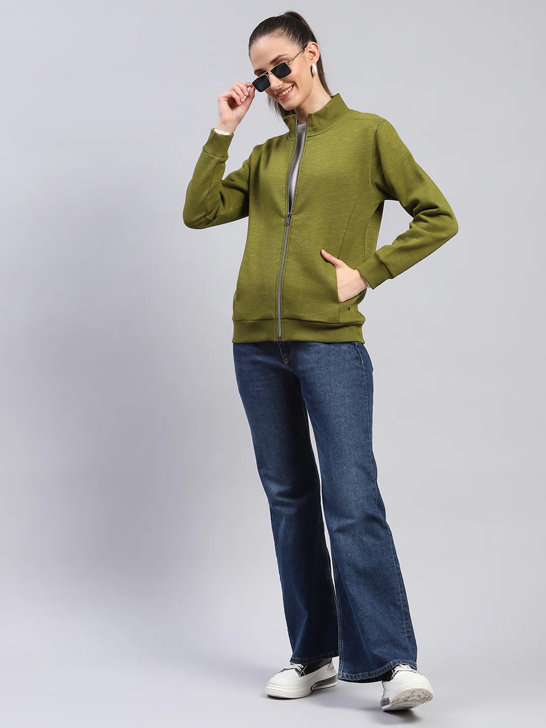 Women Green Solid Mock Neck Full Sleeve Sweatshirt - Image 2
