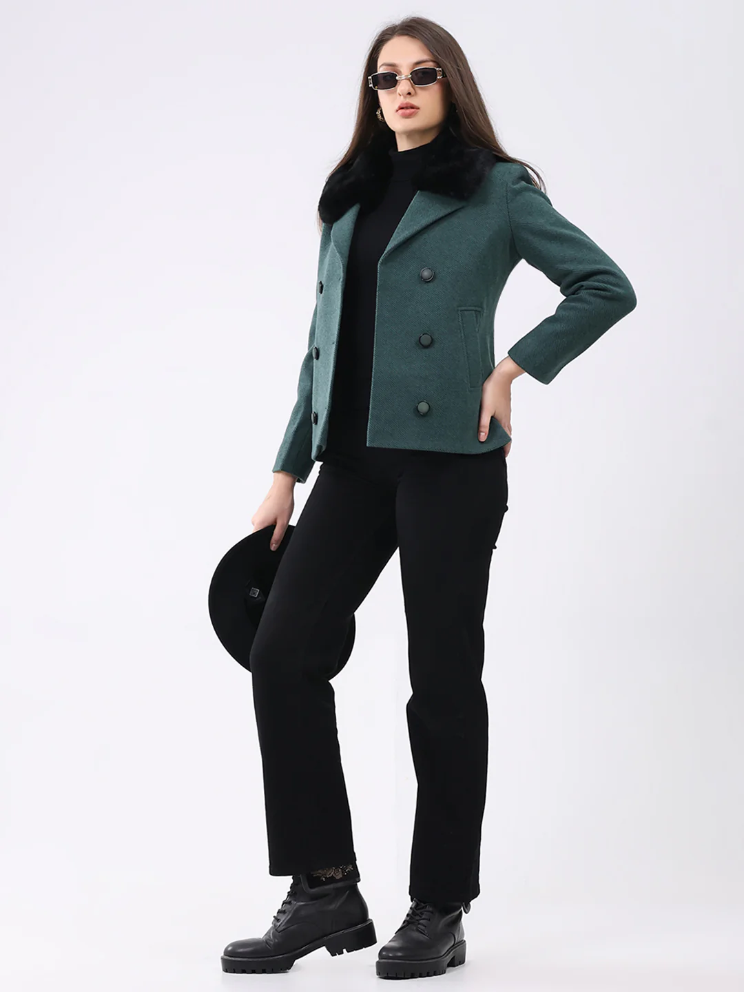 Women Green Solid Notch Lapel Collar Full Sleeve Coat - Image 2