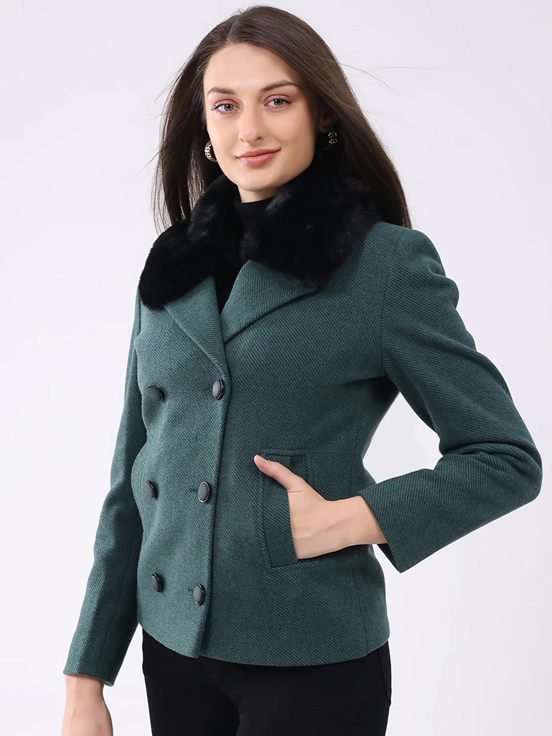 Women Green Solid Notch Lapel Collar Full Sleeve Coat - Image 3