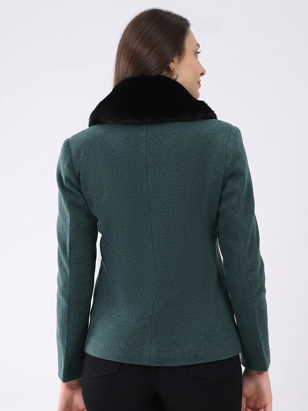Women Green Solid Notch Lapel Collar Full Sleeve Coat - Image 5