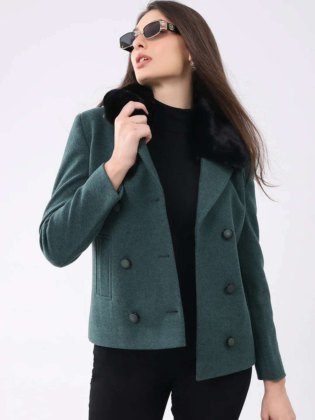 Women Green Solid Notch Lapel Collar Full Sleeve Coat - Image 6
