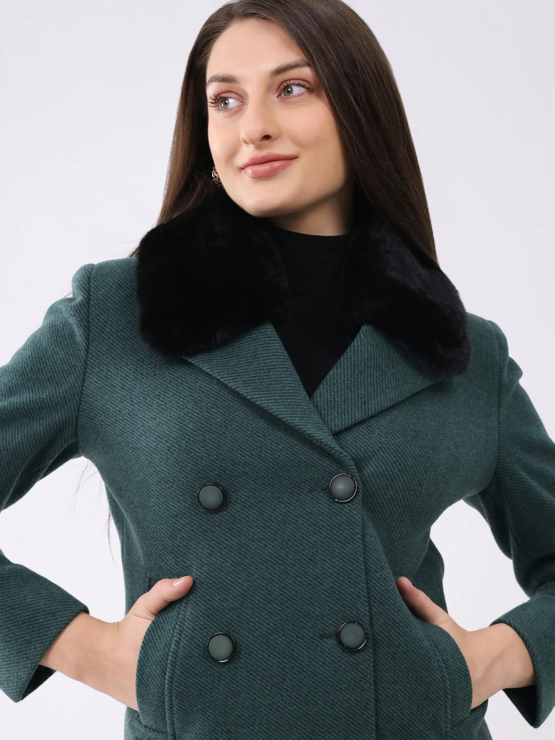 Women Green Solid Notch Lapel Collar Full Sleeve Coat - Image 7