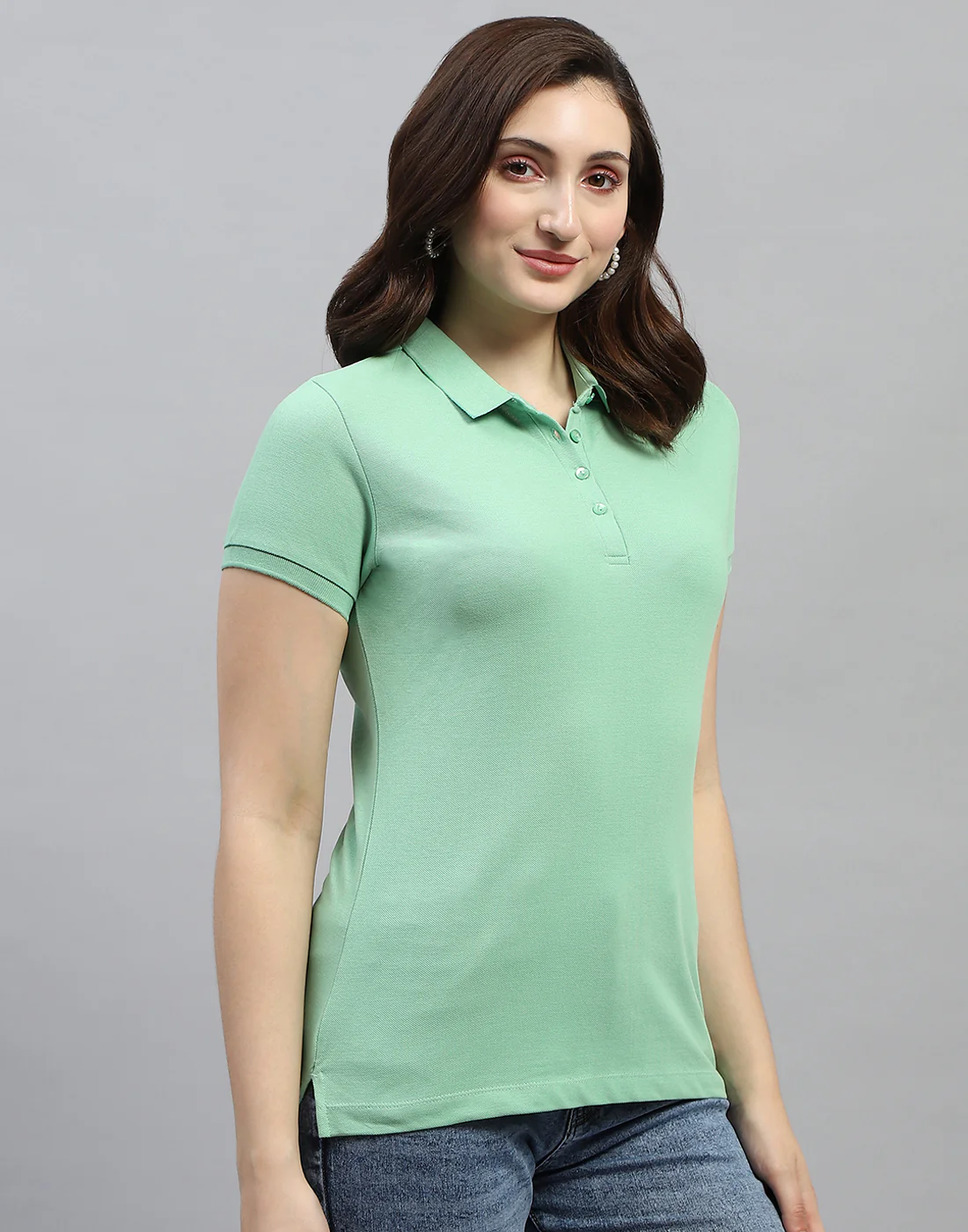 Women Green Solid Polo Collar Half Sleeve T Shirt - Image 4