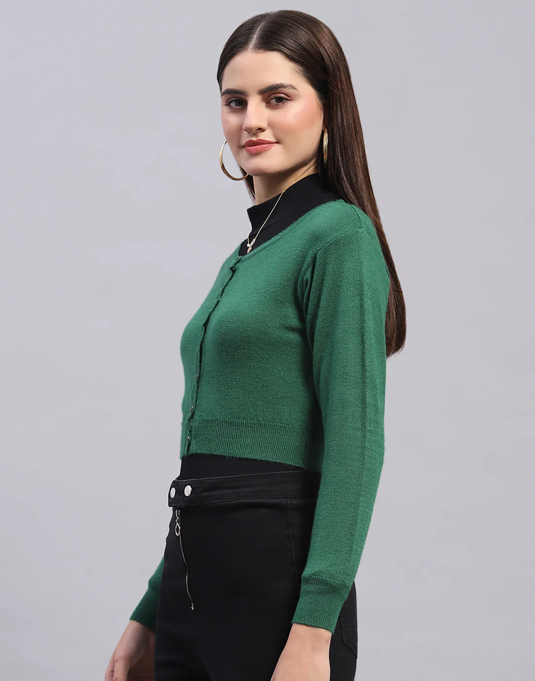 Women Green Solid Round Neck Full Sleeve Blouse - Image 4