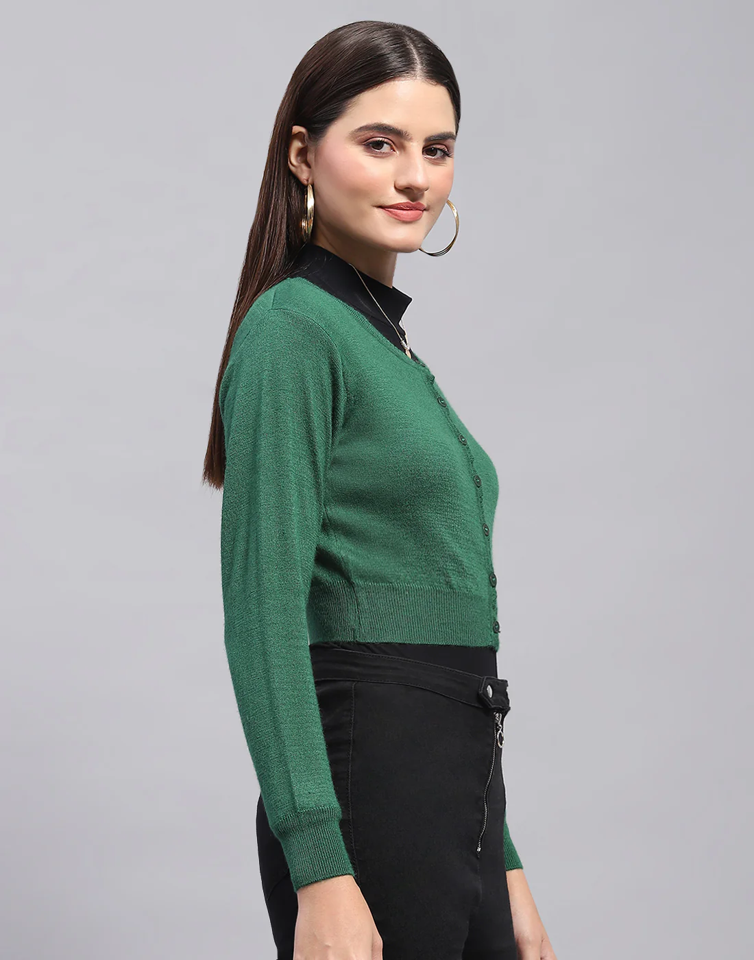 Women Green Solid Round Neck Full Sleeve Blouse - Image 5