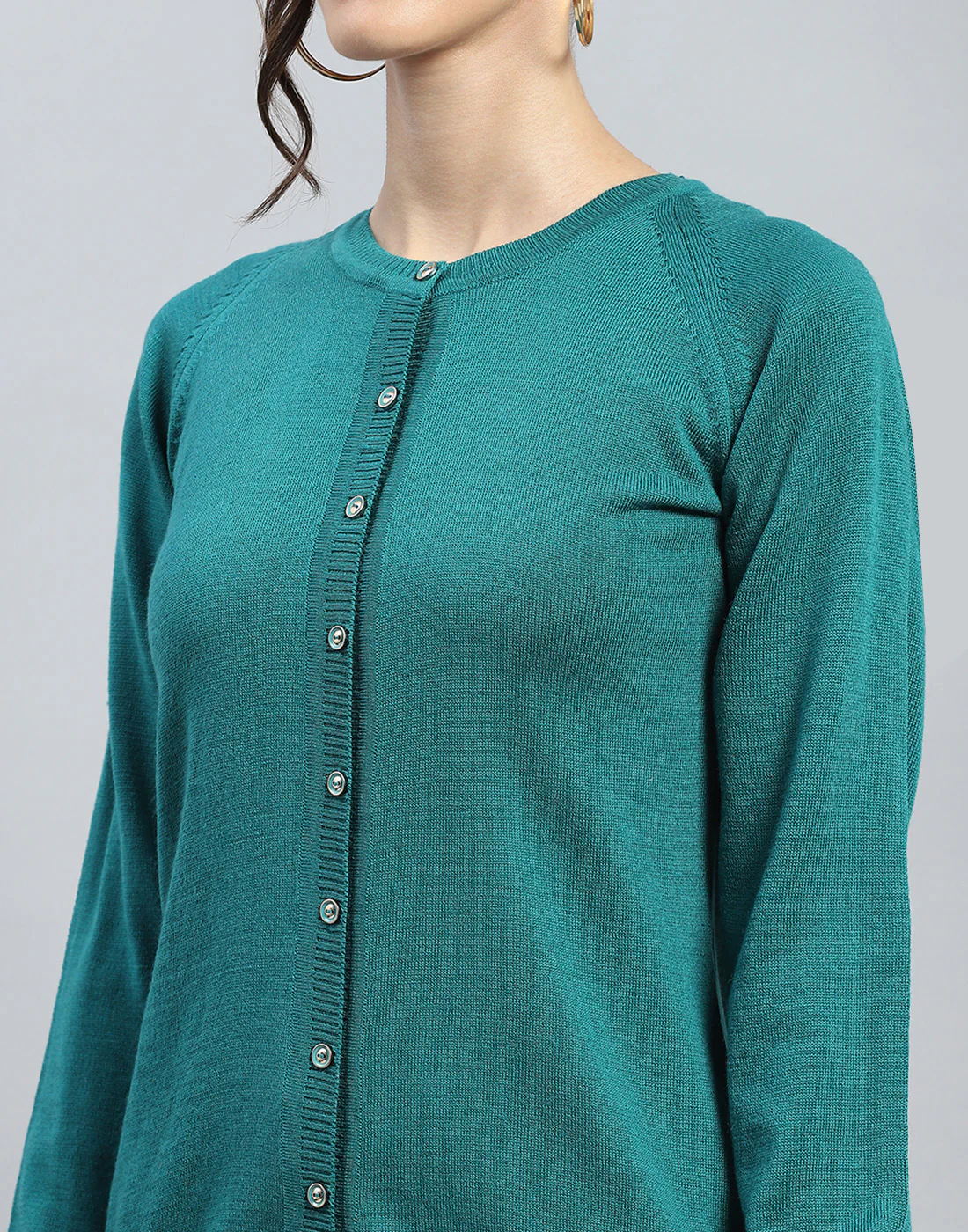 Women Green Solid Round Neck Full Sleeve Cardigan - Image 6
