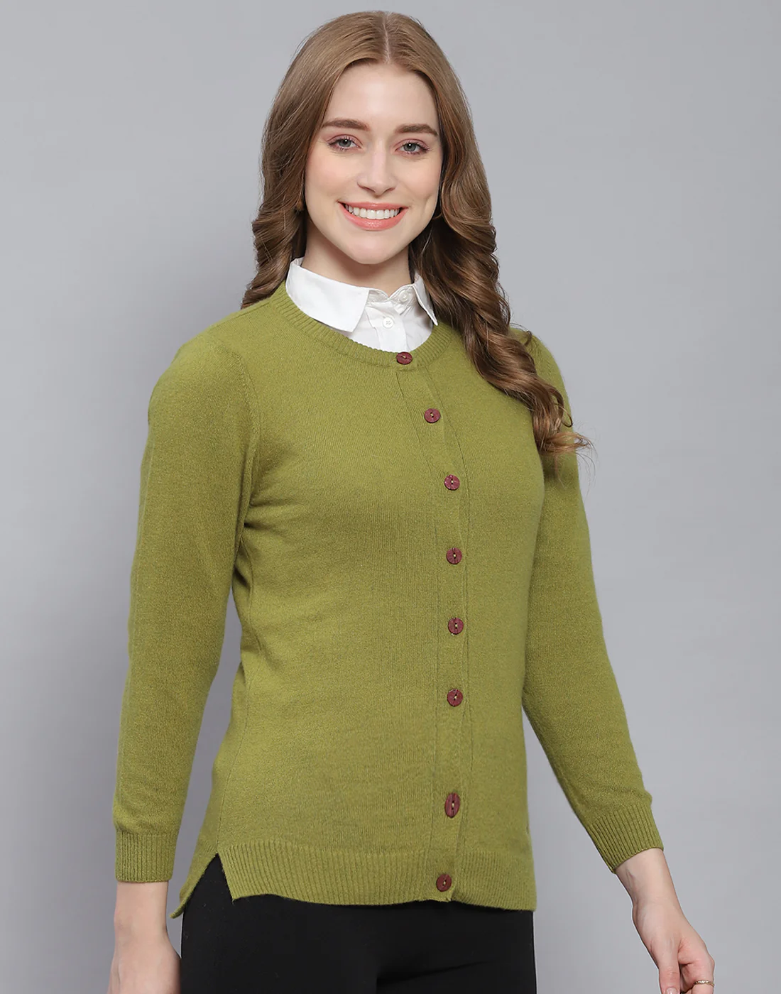 Women Green Solid Round Neck Full Sleeve Cardigan - Image 4