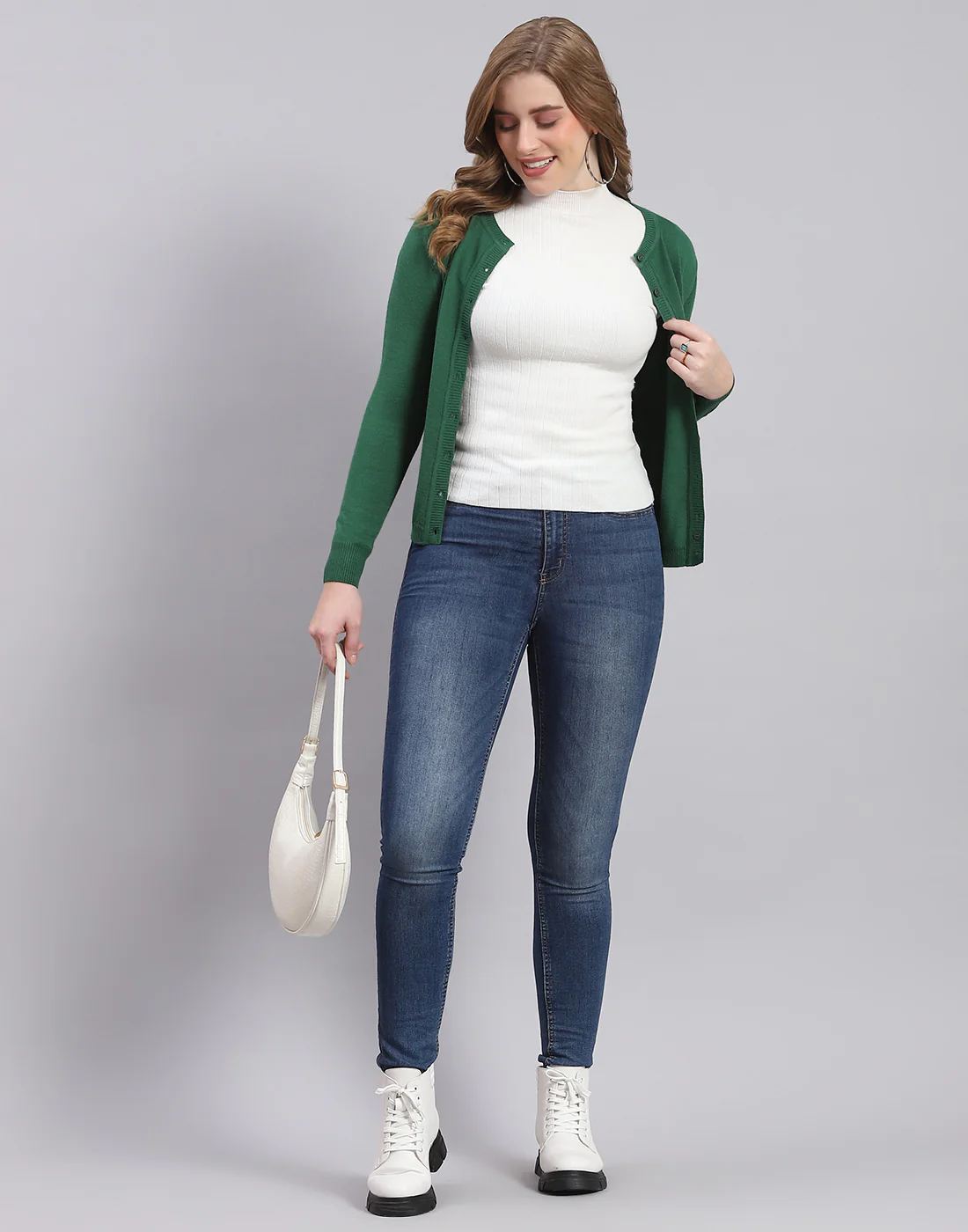 Women Green Solid Round Neck Full Sleeve Cardigan - Image 2