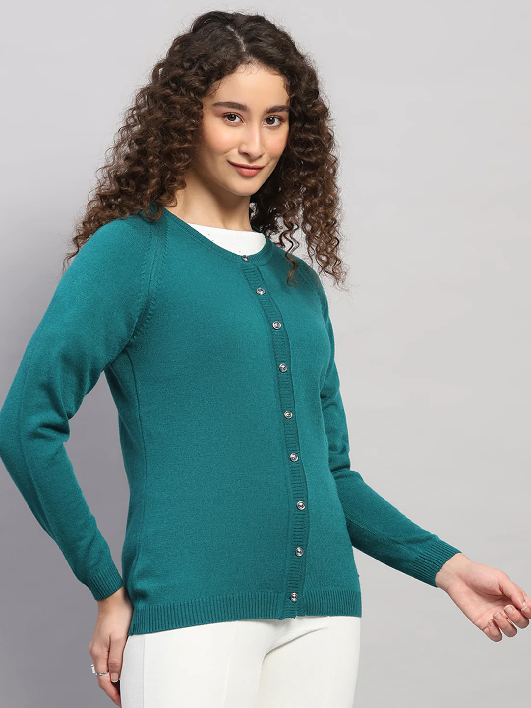 Women Green Solid Round Neck Full Sleeve Cardigan - Image 4