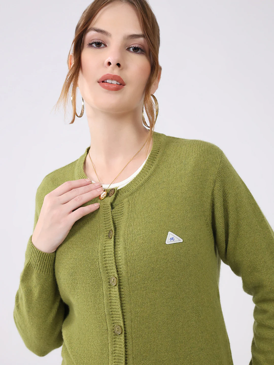 Women Green Solid Round Neck Full Sleeve Cardigan - Image 6