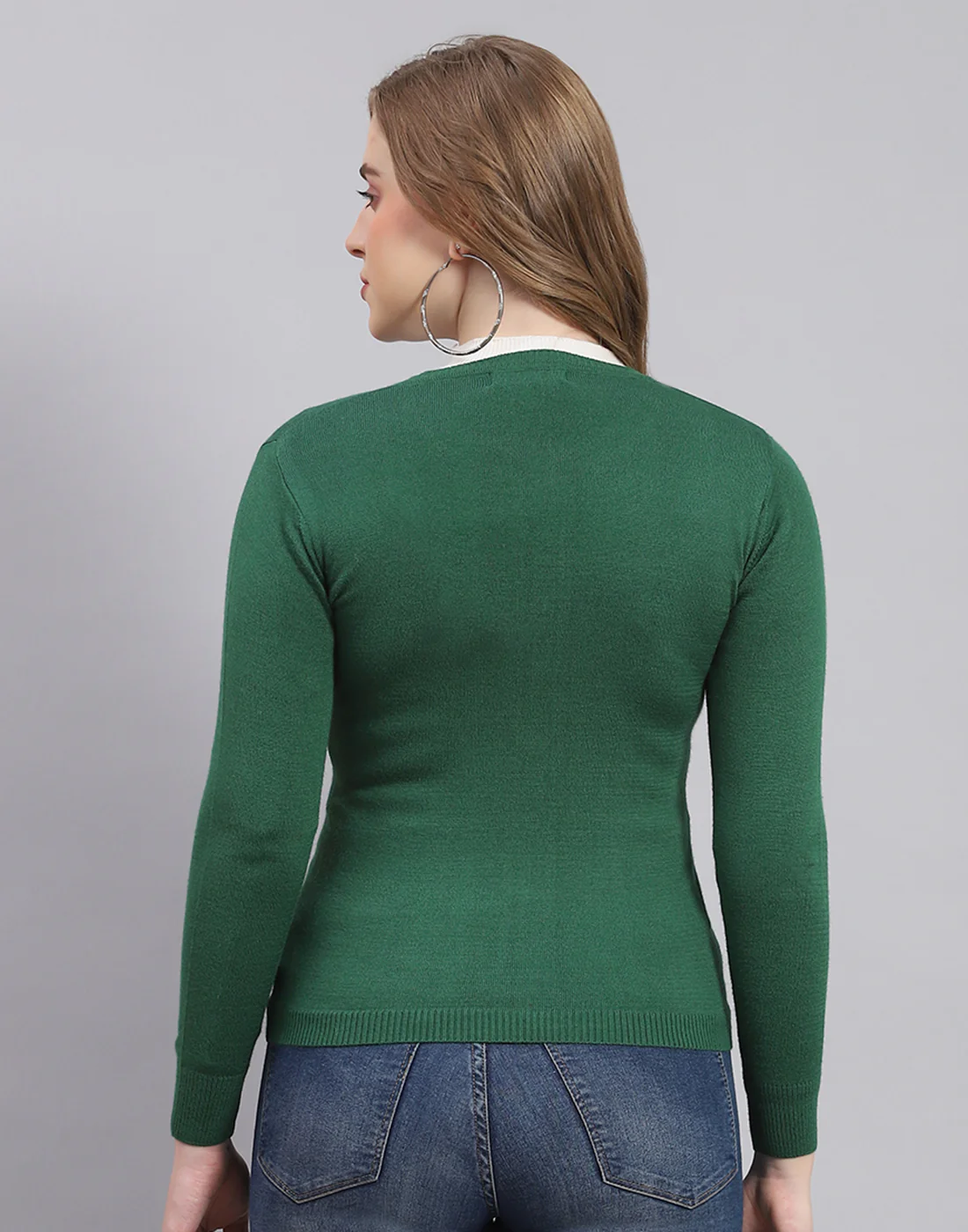 Women Green Solid Round Neck Full Sleeve Sweater - Image 5